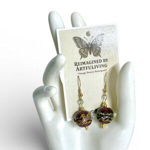 REIMAGINED Handmade Lampwork Glass Bead Dangle Gold Plated Hook Earrings